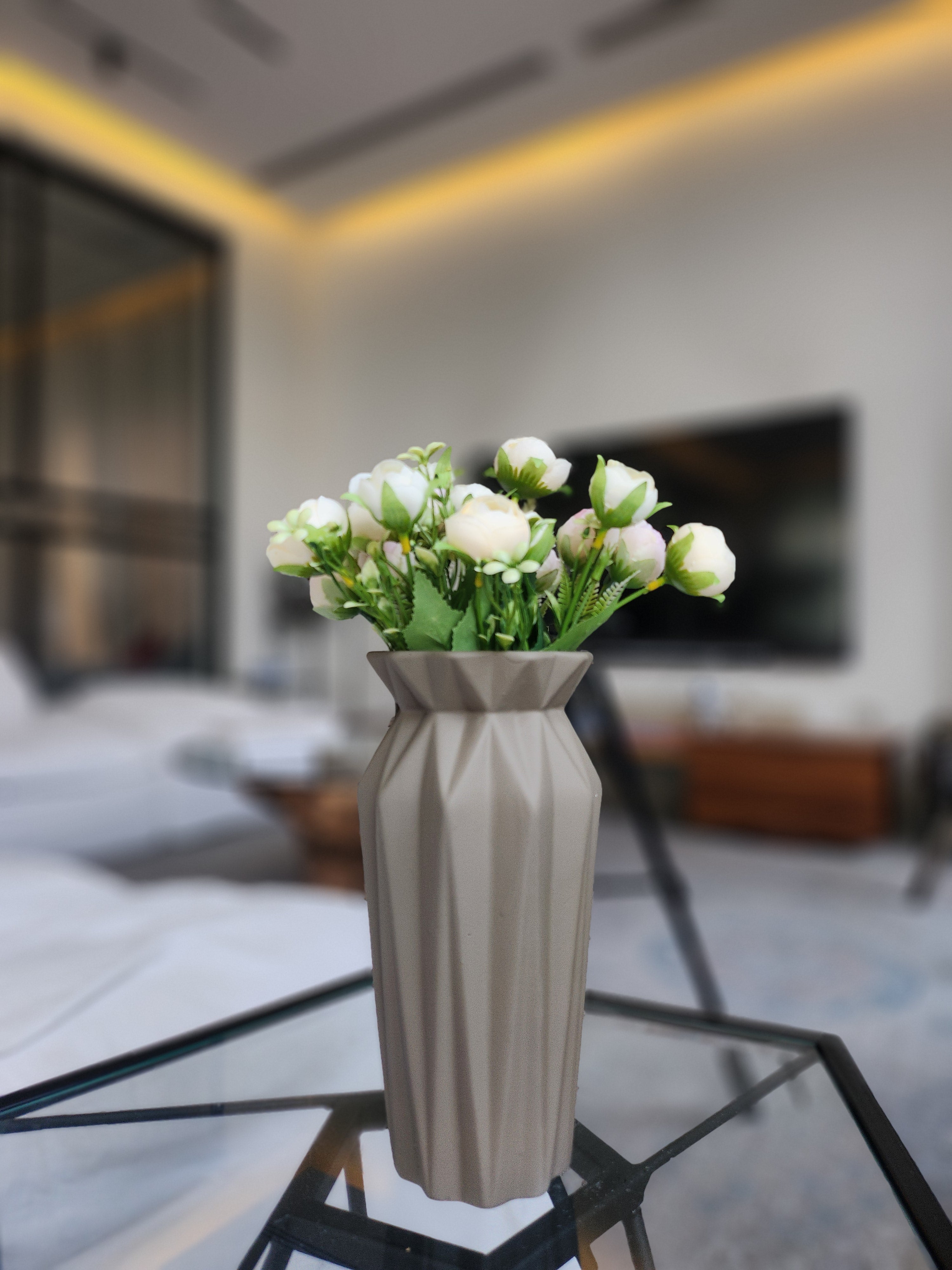 Modern Geometric Ceramic Vase with Artificial Flowers