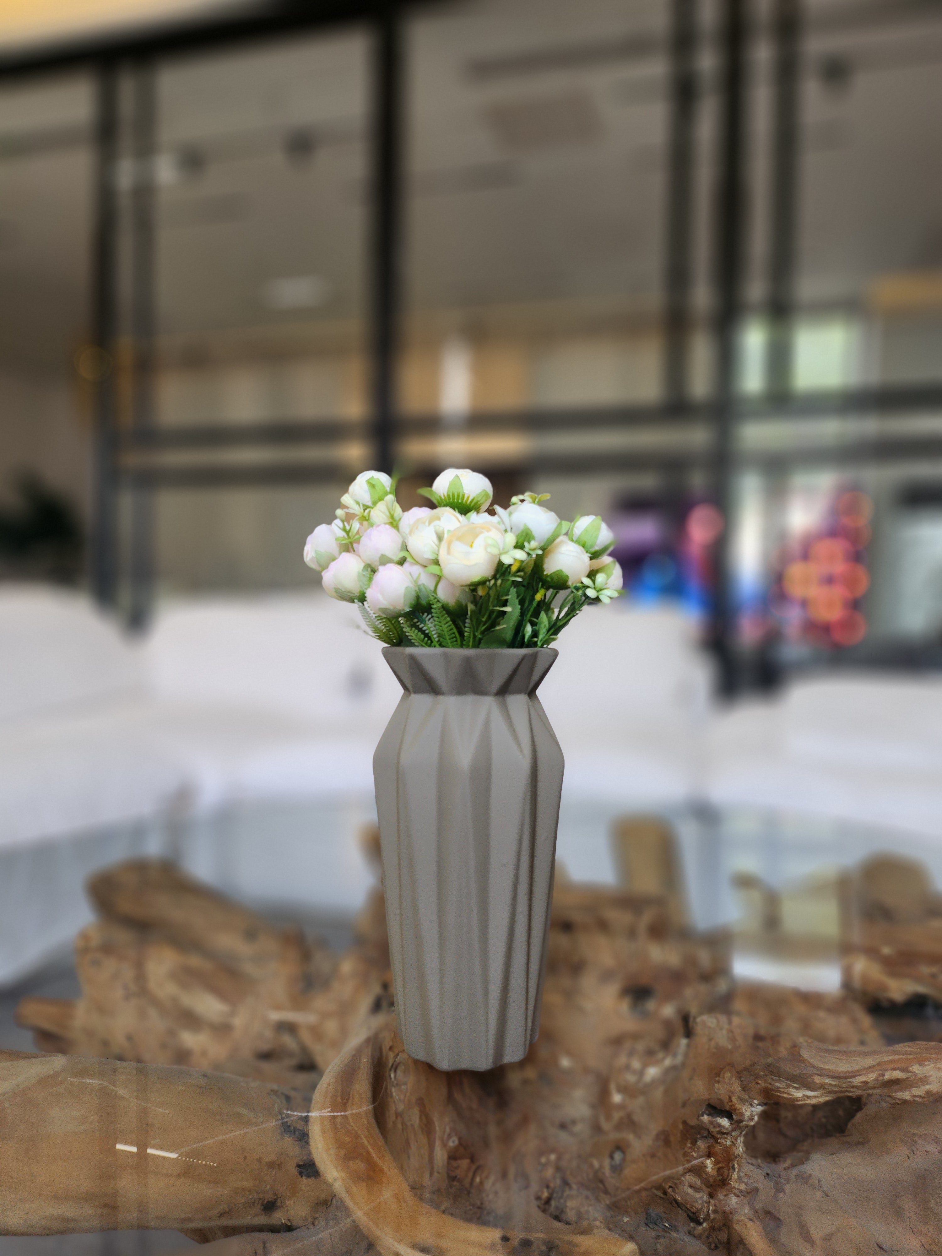 Modern Geometric Ceramic Vase with Artificial Flowers