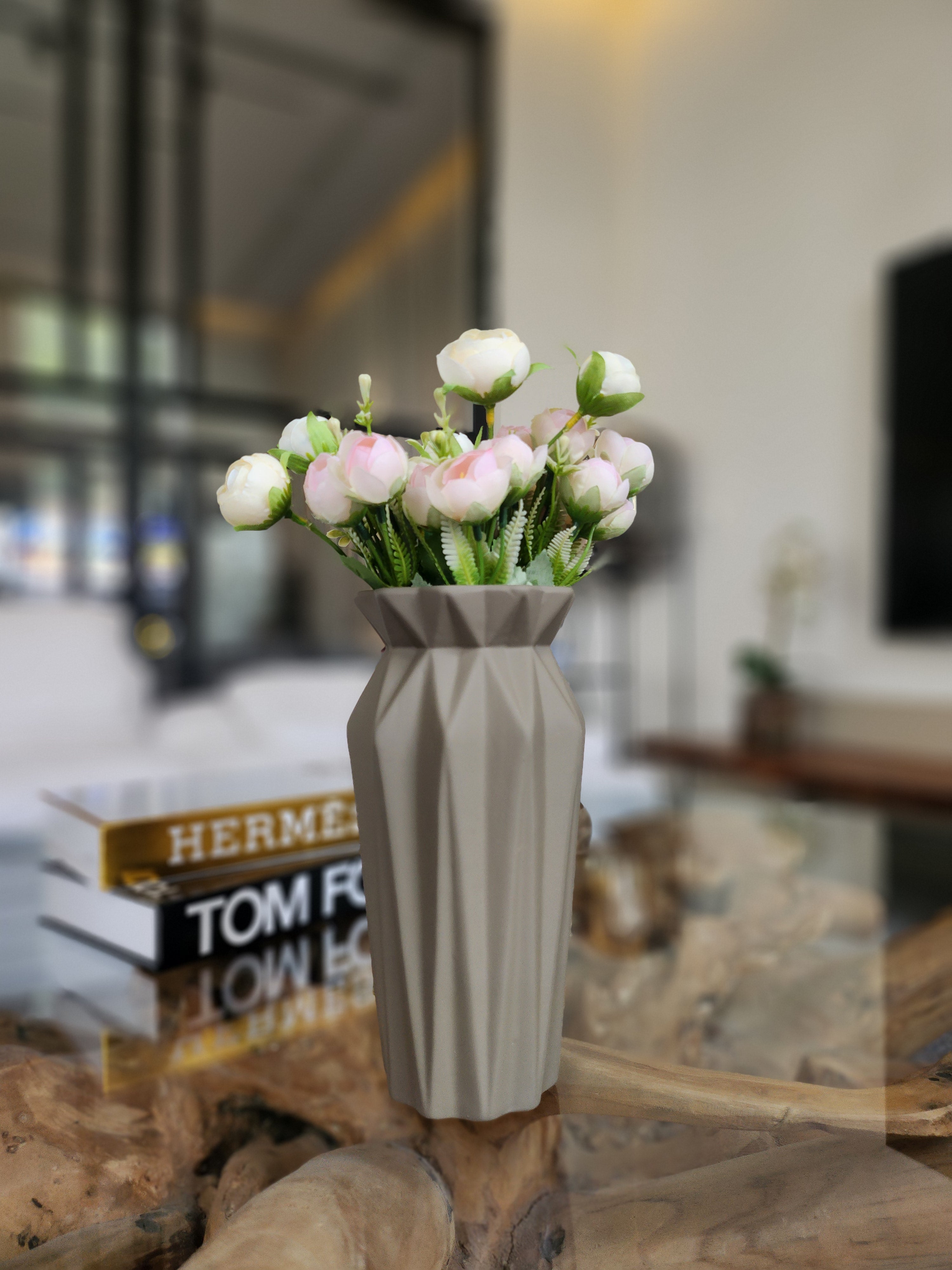 Modern Geometric Ceramic Vase with Artificial Flowers