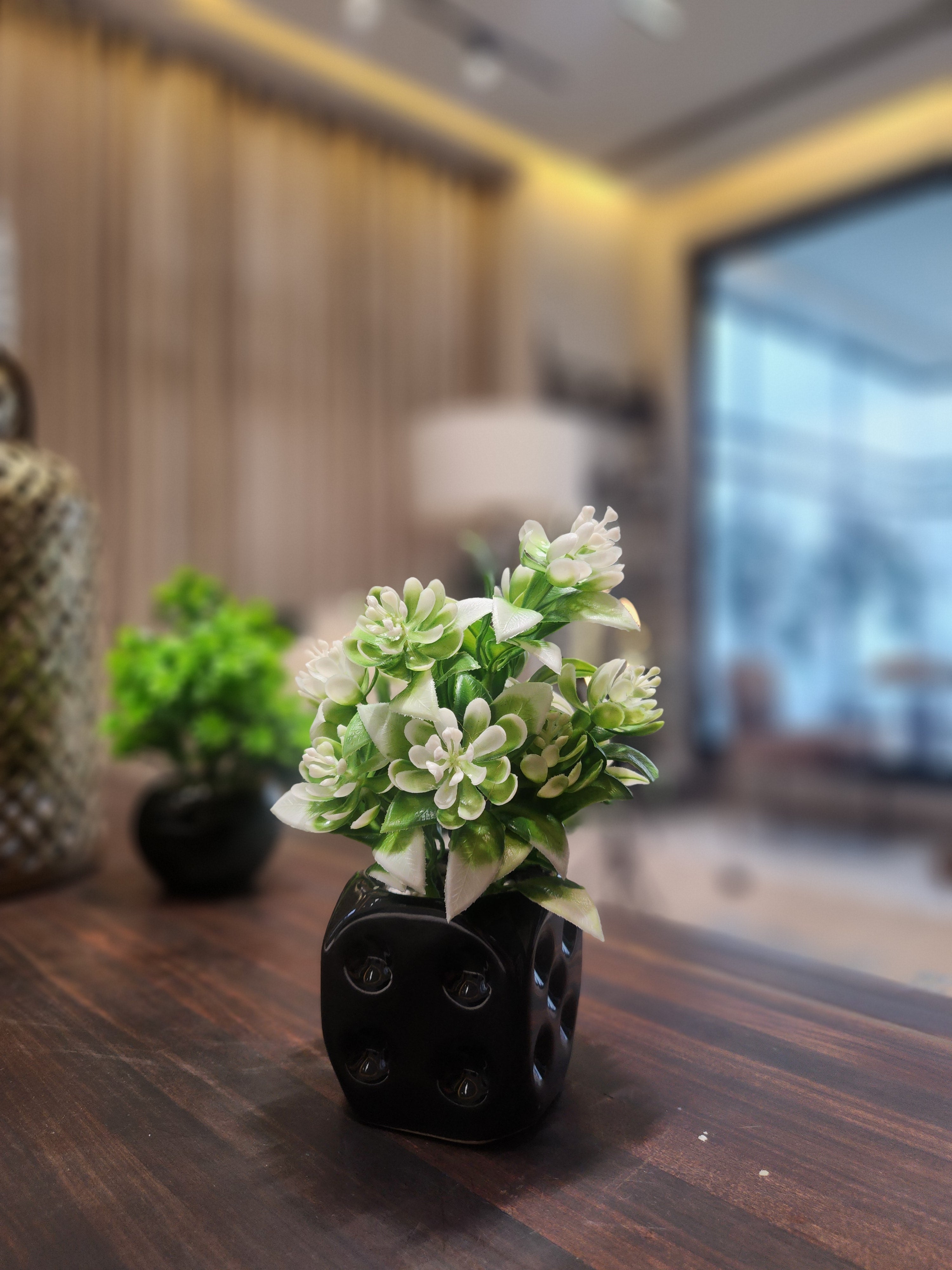Elegant Artificial Flower Arrangement in Black Glossy Pot