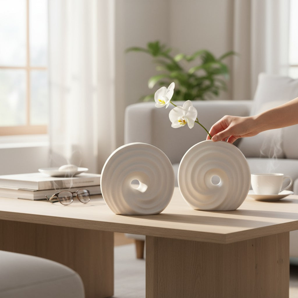White Ceramic Donut Vase with Swirl Design