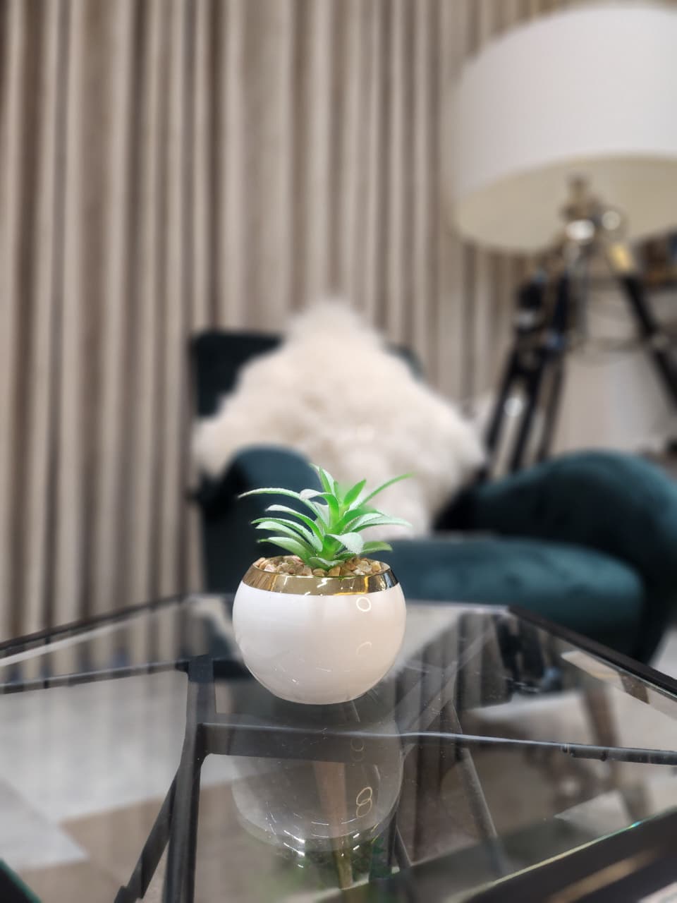 Faux Succulent in White & Gold Ceramic Pot