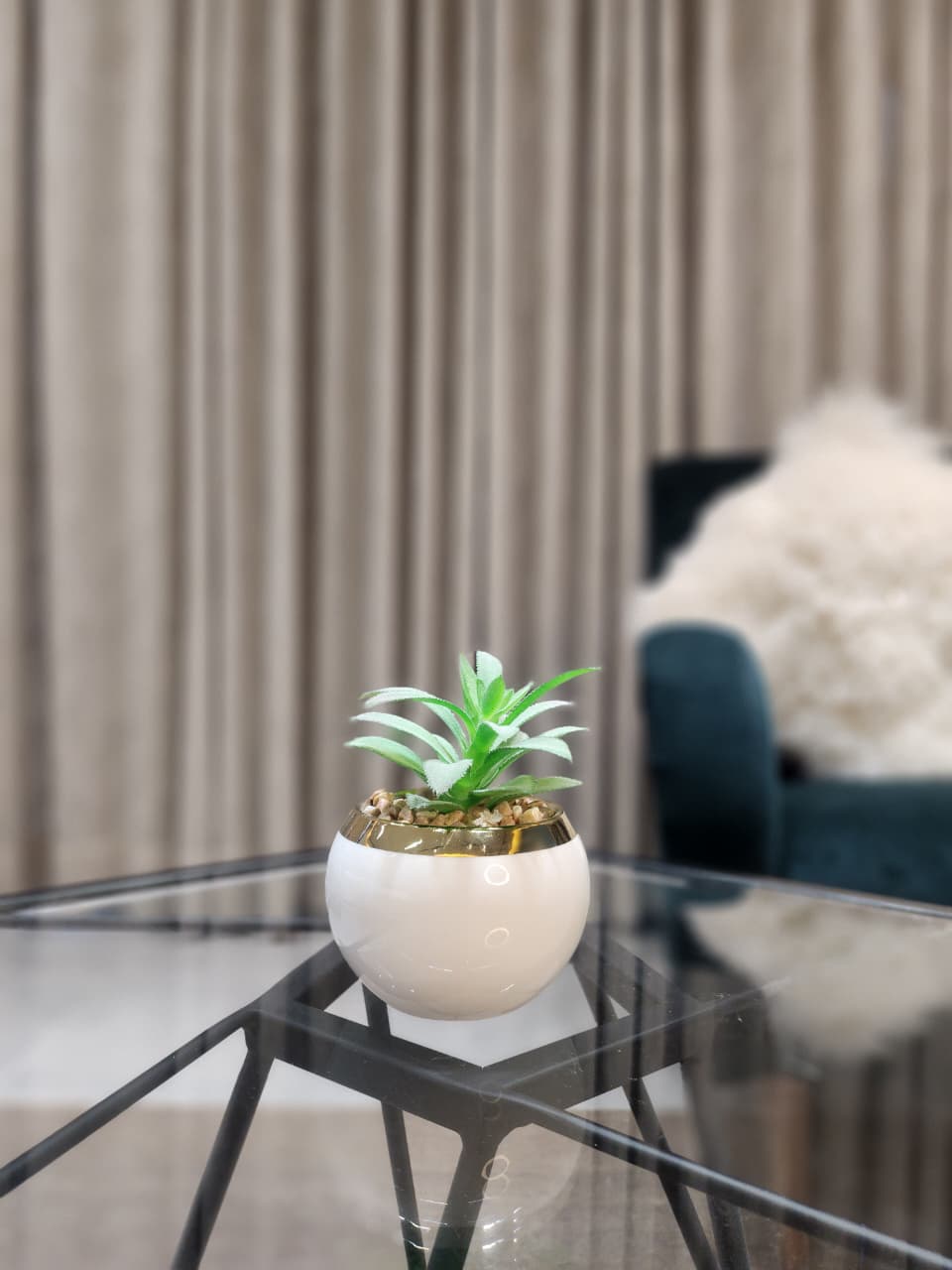 Faux Succulent in White & Gold Ceramic Pot