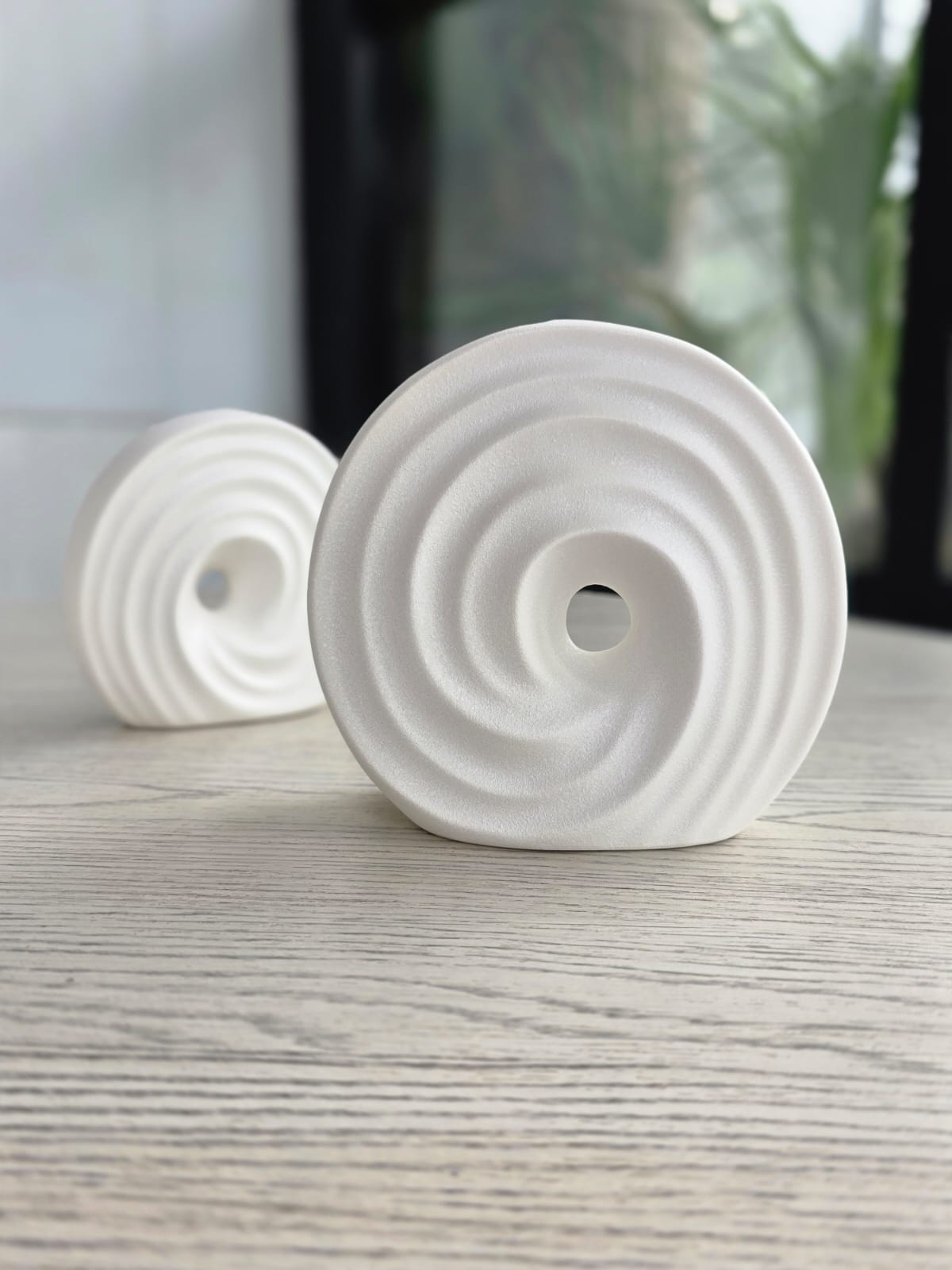 White Ceramic Donut Vase with Swirl Design